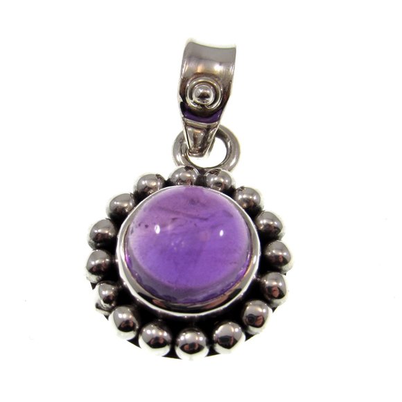 Solid 925 Sterling Silver Round Amethyst Drop Pendant - Bali Style Jewelry - Picture 4 of 8